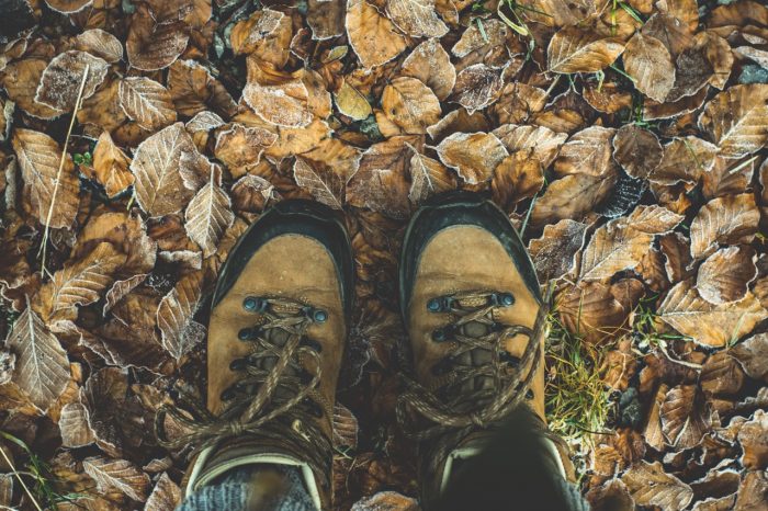 Hiking boots on leaves