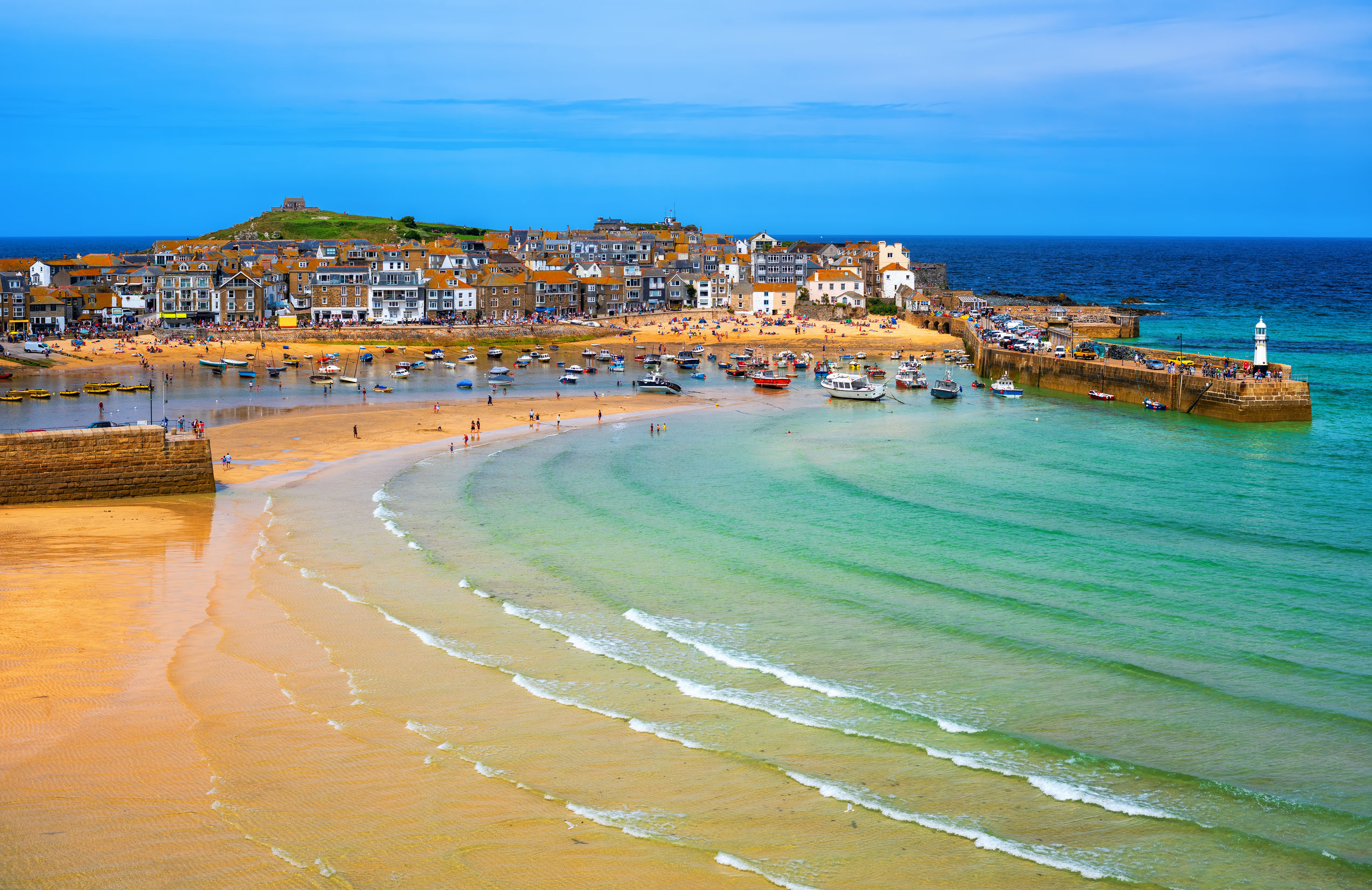 Picturesque St Ives, a popular seaside town with golden sand beach in Cornwall, England