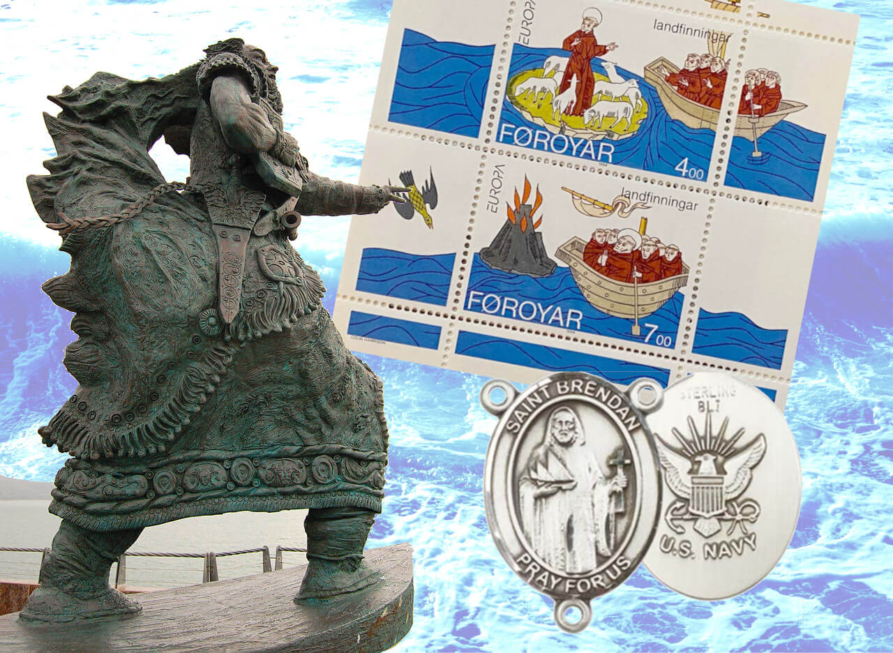 L to R: St. Brendan's dramatic statue in Fenit, Co. Kerry, supposedly the place of his birth, stamps jointly issued in 1994 by the Irish and Faroe Islands post office and a US Navy medal of the man himself.