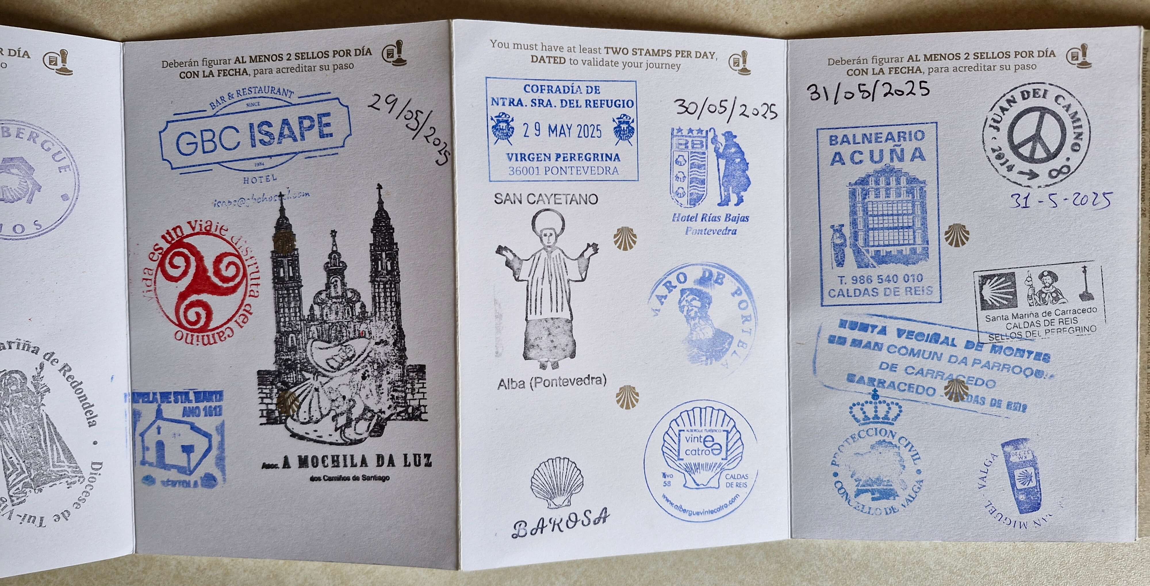 Camino Portuguese (Traditional Route) Compostela passport with stamps