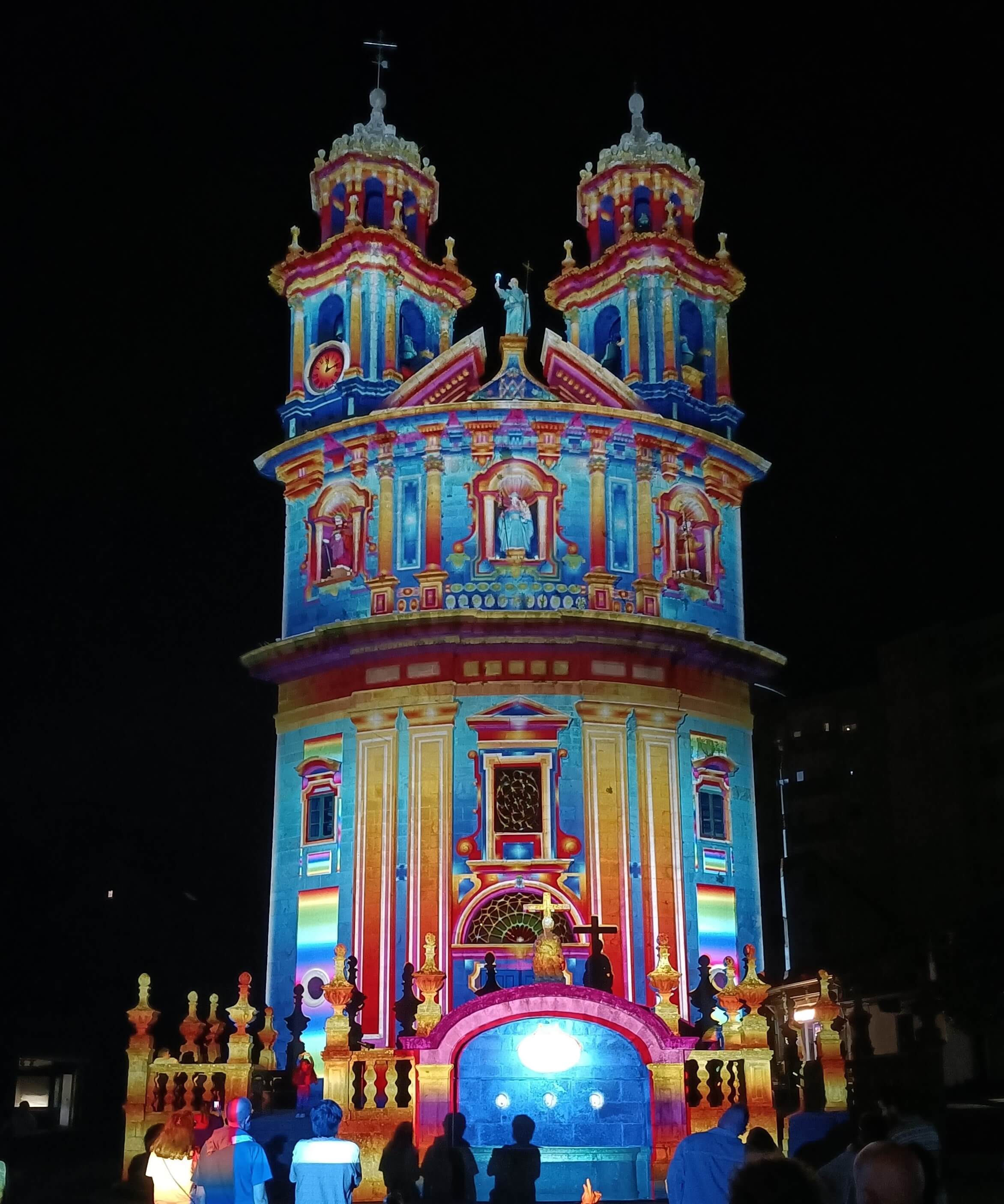 Night time light display on the exterior of the Church of the Pilgrim Virgin at Pontevedra, Camino Portuguese