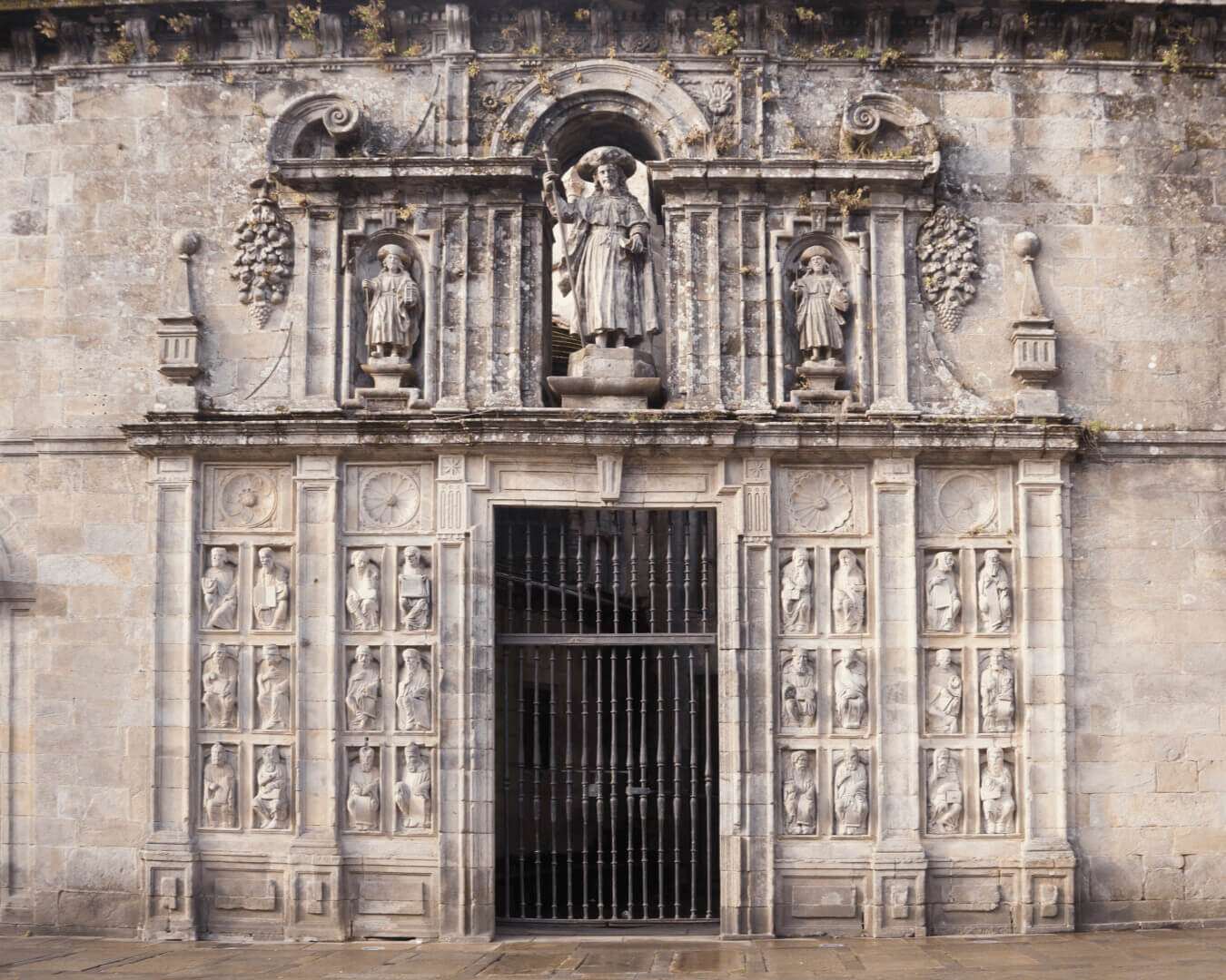 The Holy Door (Porta Santa) of Santiago de Compostela Cathedral, with the statue of St James above the gated entrance, opened only during a Camino Holy Year